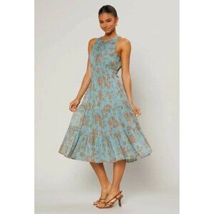 Anthropologie Blue and Brown Floral Midi Dress